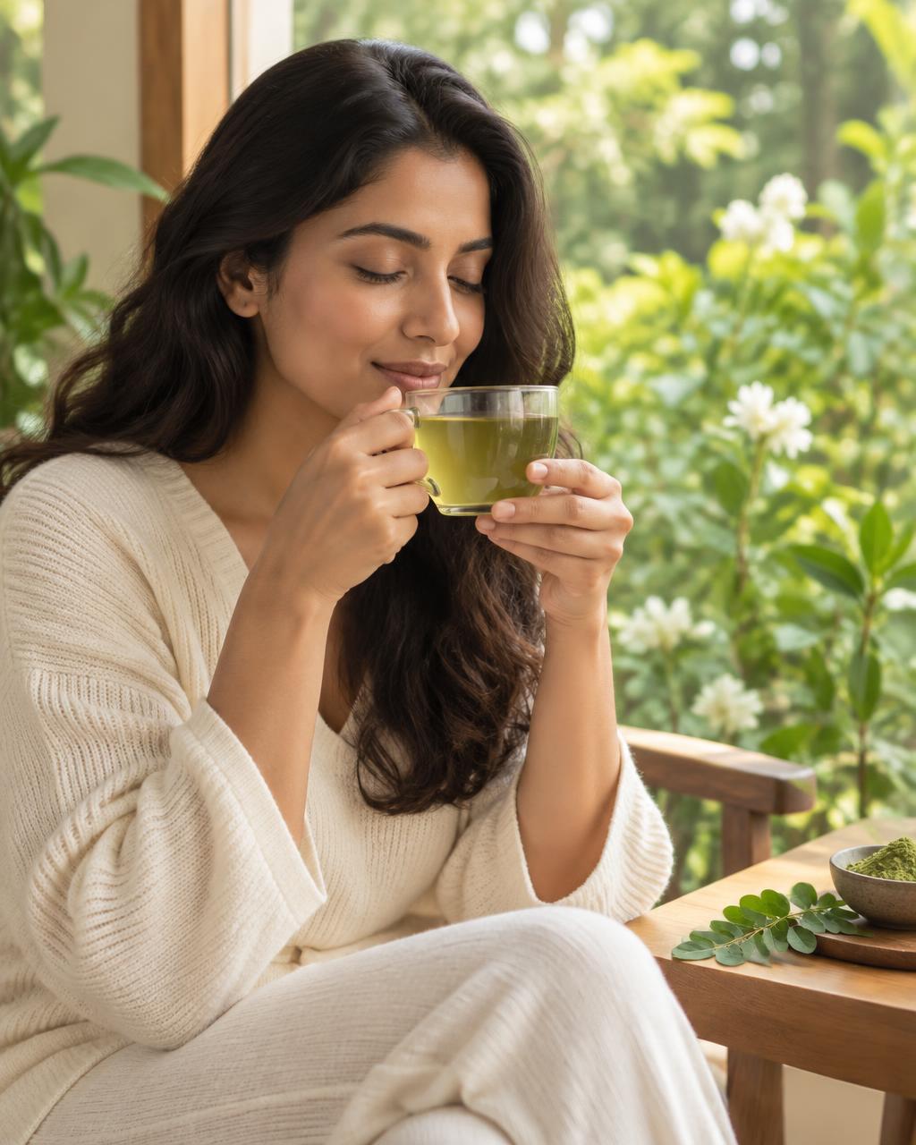 Woman enjoying moringa tea