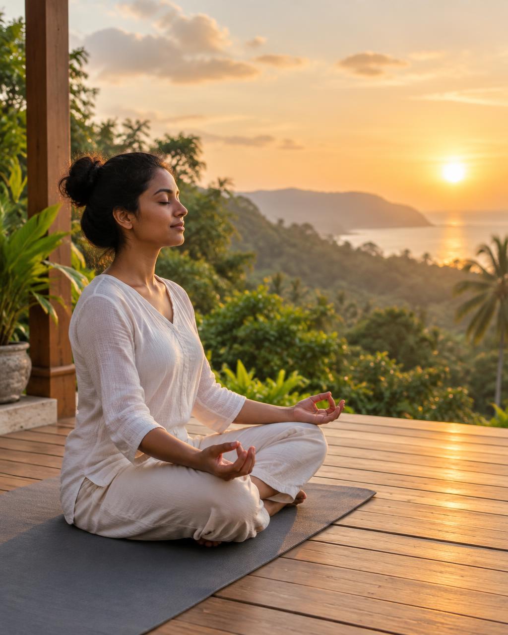 Woman meditating at sunrise
